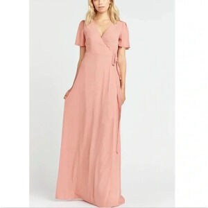 Show Me Your Mumu Pale Pink Chiffon Wrap Maxi Dress  Short Sleeve Bridesmaid XS